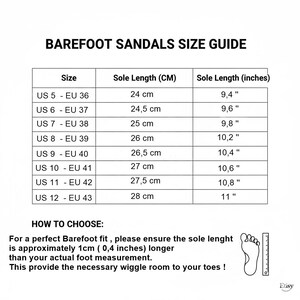 May include: A black and white size guide chart for barefoot sandals. The table lists US sizes 5 through 12 with corresponding EU sizes, sole lengths in centimeters, and sole lengths in inches. It includes instructions for measuring foot length.