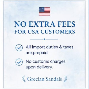 Op de afbeelding: Een vierkante informatieve afbeelding met een lichtblauwe aquarelachtergrond. Het bevat het icoon van de vlag van de Verenigde Staten, de tekst NO EXTRA FEES FOR USA CUSTOMERS en twee opsommingstekens dat invoerrechten, belastingen en douanekosten zijn vooruitbetaald.