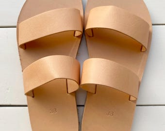 Minimalist Leather Slide Sandals, Handmade Barefoot Greek Sandals with Flexible Vibram Sole, Simple Slip On Summer Shoes