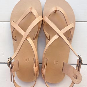 Barefoot leather sandals for women in natural suede, minimalist Greek handmade design, top view