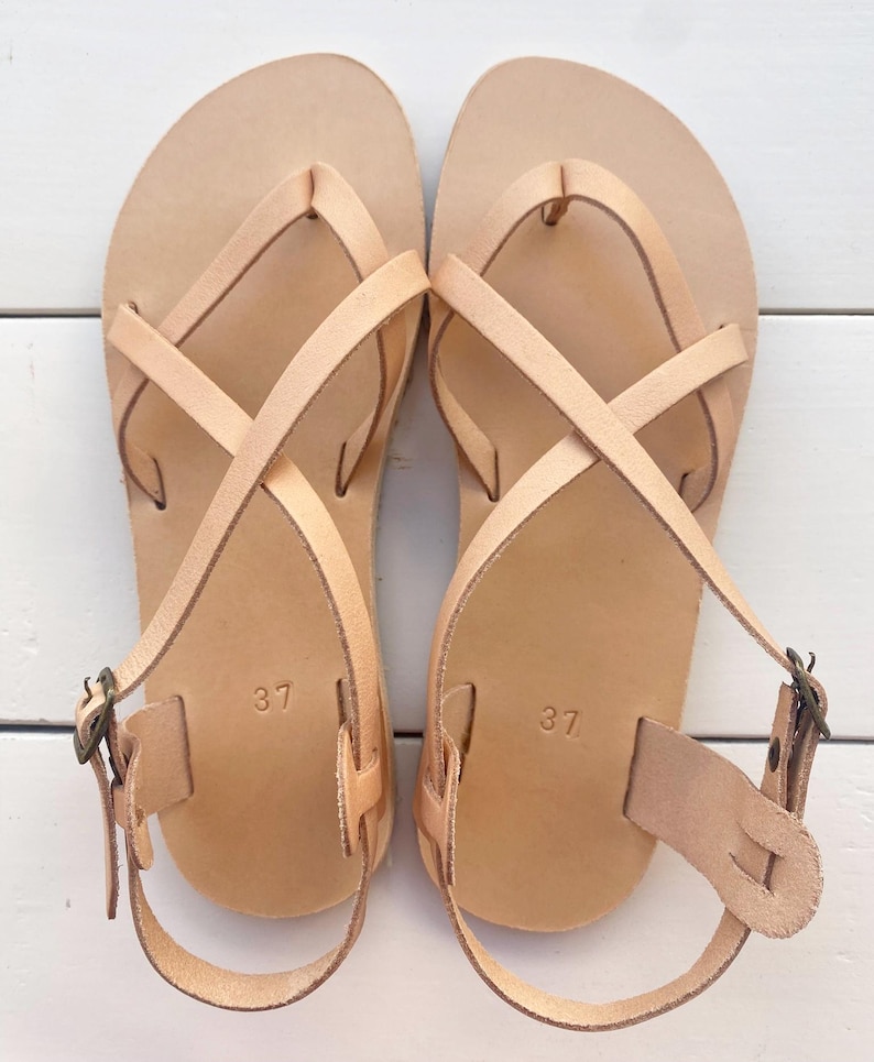 Barefoot leather sandals for women in natural suede, minimalist Greek handmade design, top view