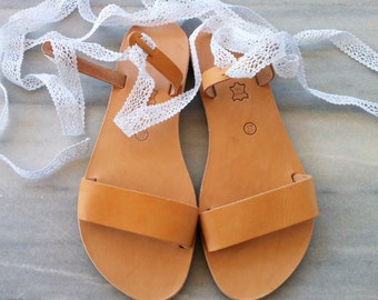 Handmade Leather Lace-Up Sandals – Greek Summer Flats • Women’s Sandals