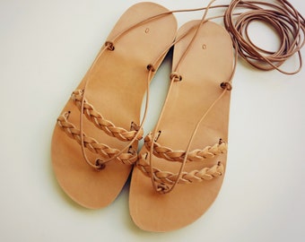 Braided Greek Leather Lace Up Sandals: Flat Gladiator Sandal