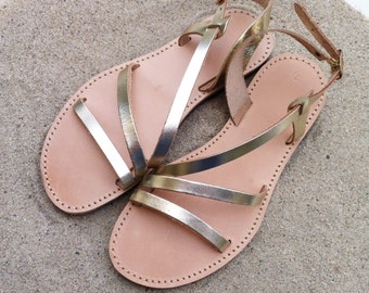 Gold Ankle Strap Leather Sandals, Greek Style, Flat Sandal