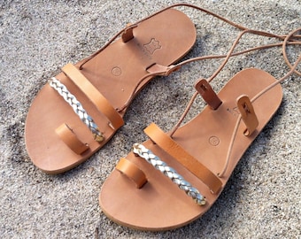 Handmade Greek Leather Gladiator Sandals with Gold Braid