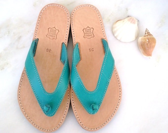 Turquoise Leather Flip Flop Sandals, Handmade Greek Style