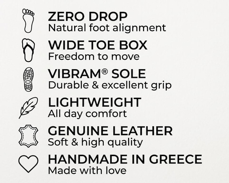 May include: A list of six product features with icons: ZERO DROP Natural foot alignment, WIDE TOE BOX Freedom to move, VIBRAM SOLE Durable & excellent grip, LIGHTWEIGHT All day comfort, GENUINE LEATHER Soft & high quality, and HANDMADE IN GREECE Made with love.