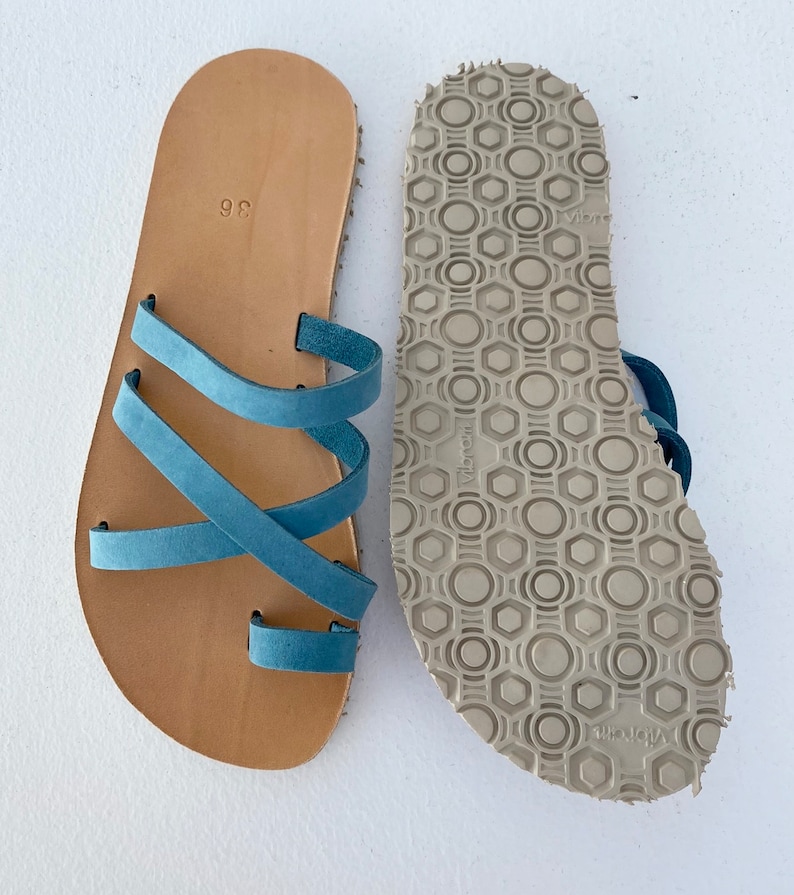 The bottom of the sandal showing the Vibram sole, highlighting the slip-resistant pattern and durable material."