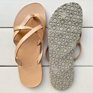 Barefoot leather sandals with Vibram sole, handmade Greek sandals showing flexible sole and minimalist design