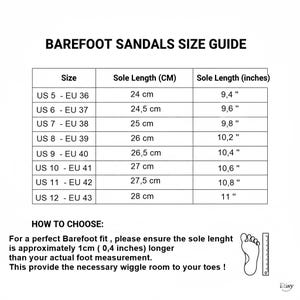 Op de afbeelding: Een zwart-witte maattabel voor blotevoetensandalen. De tabel toont Amerikaanse maten 5 tot 12 met bijbehorende EU-maten, zoollengtes in centimeters en inches. Het bevat instructies voor het opmeten van de voetlengte.