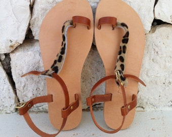 Leren sandalen met luipaardprint, Griekse handgemaakte blote voetensandalen