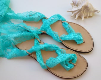 leather sandals with turquoise lace straps, bridal shoes, wedding sandals,  bridesmaids gift