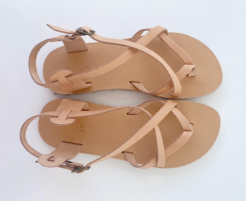 Minimalist barefoot sandals in suede leather, top view of handmade Greek sandals