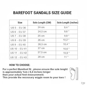 May include: A black and white size guide chart for barefoot sandals. The table lists US sizes 5 through 12 with corresponding EU sizes, sole lengths in centimeters, and sole lengths in inches. It includes instructions for measuring foot length.