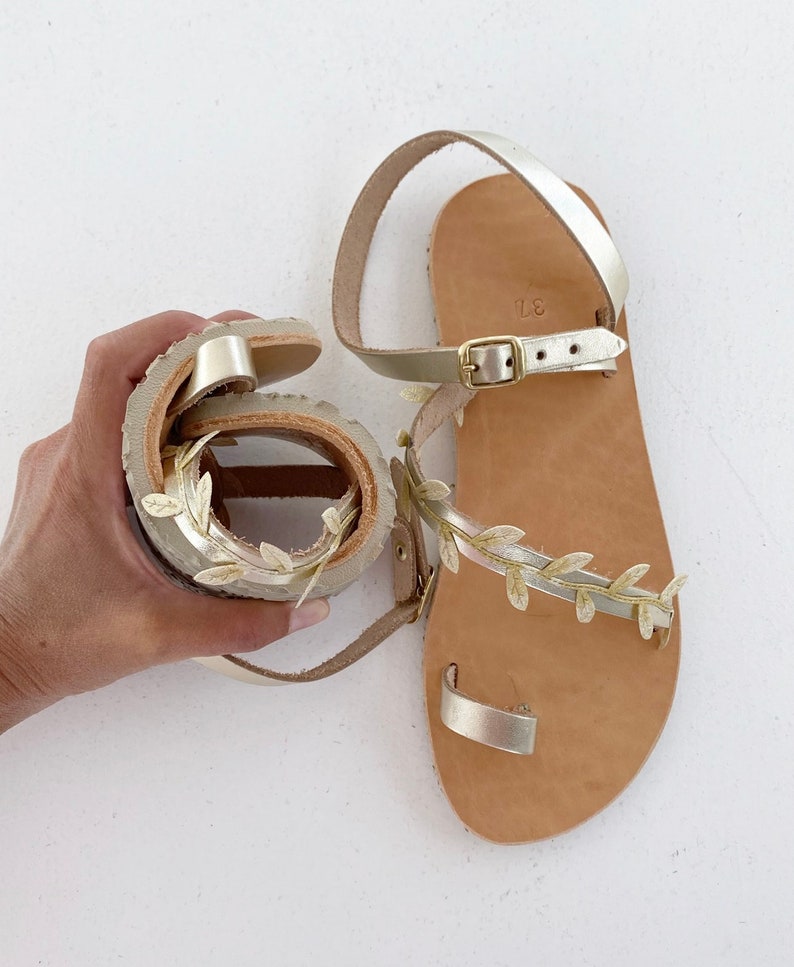 Greek leather Sandals with Vibram Sole, Womens Sandals, Barefoot Sandals, Gold Sandals with leaves, Wedding Sandals, Flat Sandals, sandals image 4