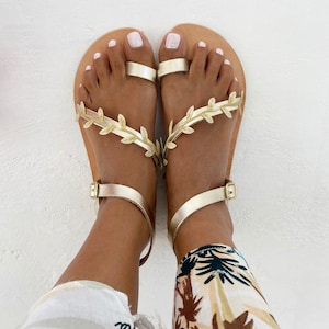 Greek leather Sandals with Vibram Sole, Womens Sandals, Barefoot Sandals, Gold Sandals with leaves, Wedding Sandals, Flat Sandals, sandals image 9