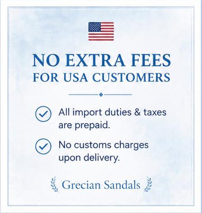 May include: A square informational graphic with a light blue watercolor background. It features the United States flag icon, the text NO EXTRA FEES FOR USA CUSTOMERS, and two bullet points stating that import duties, taxes, and customs are prepaid.