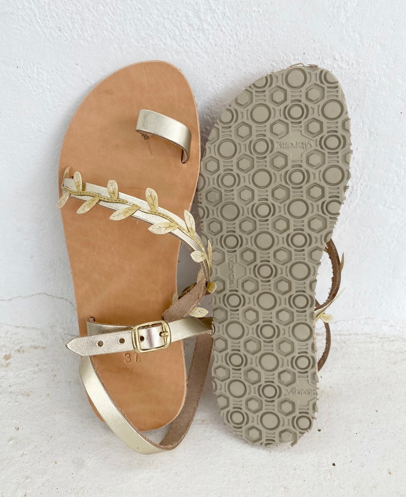 Greek leather Sandals with Vibram Sole, Womens Sandals, Barefoot Sandals, Gold Sandals with leaves, Wedding Sandals, Flat Sandals, sandals image 2