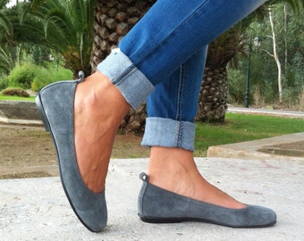 Leather Ballerina Shoes in Gray Color, women shoes, ballet shoes, leather shoes woman, womens flats