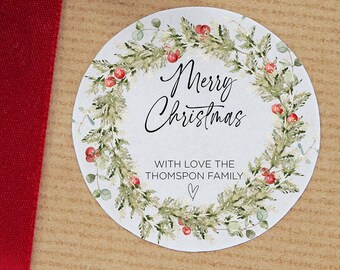 Christmas Gift Label Stickers, Merry Christmas Round Labels, Circle Christmas Red Wreath, Envelope Seals, Xmas Present Tags, Personalised