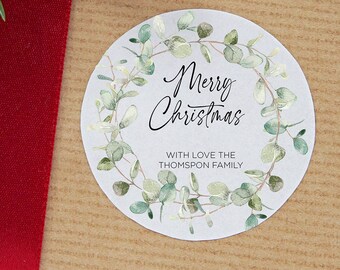 Christmas Gift Label Stickers, Merry Christmas Round Labels, Circle Christmas Red Wreath, Envelope Seals, Xmas Present Tags, Personalised