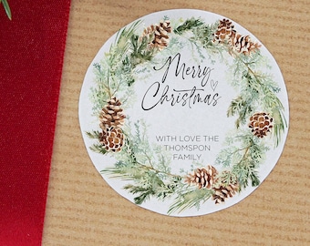 Christmas Gift Label Stickers, Merry Christmas Round Labels, Circle Christmas Red Wreath, Envelope Seals, Xmas Present Tags, Personalised