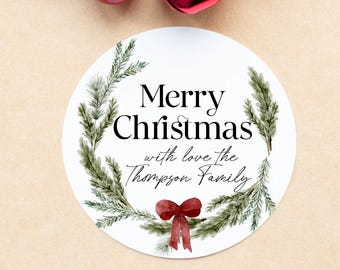 Personliga julklappsetiketter, God Jul-klistermärken, Anpassade runda etiketter, Cirkel julkrans, Julklappsetiketter