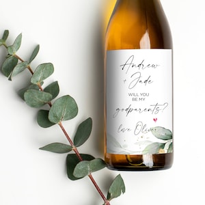 Les parrains et marraines demandent une étiquette de vin, une marraine à la demande, un cadeau pour la famille et les amis, une femme enceinte, des autocollants pour bouteille de vin par parrain, d'eucalyptus vert