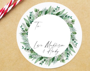 Cute Christmas Gift Label Stickers, Merry Christmas Gift, Round Labels, Circle Greenery Holiday Wreath, Seals Custom Xmas Present Tags - 2