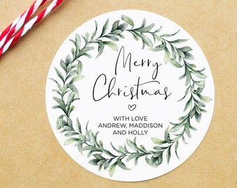 Custom Christmas Gift Label Stickers, Merry Christmas Stickers, Round Labels, Circle Christmas Wreath, Envelope Seals, Xmas Present Tags