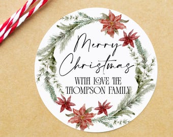 Personliga julklappsetiketter, God Jul-klistermärken, Anpassade runda etiketter, Cirkel julkrans, Julklappsetiketter