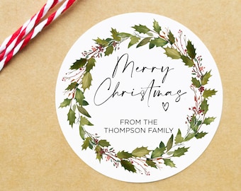 Custom Christmas Gift Label Stickers, Merry Christmas Stickers, Round Labels, Circle Christmas Red Wreath, Envelope Seals, Xmas Present Tags