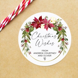 Custom Christmas Gift Label Stickers, Merry Christmas Stickers, Round Labels, Circle Christmas Red Wreath, Envelope Seals, Xmas Present Tags