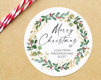 Cute Christmas Gift Label Stickers, Merry Christmas Stickers, Round Labels, Circle Christmas Wreath, Envelope Seals Custom Xmas Present Tags