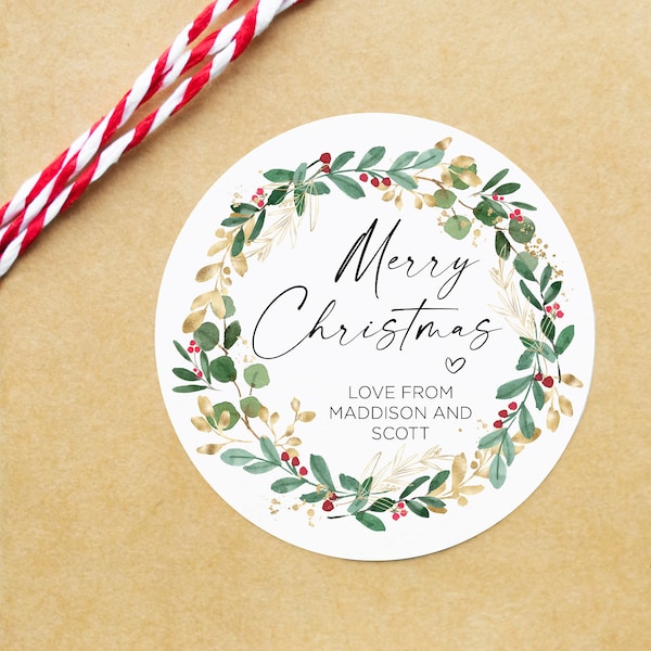 Cute Christmas Gift Label Stickers, Merry Christmas Stickers, Round Labels, Circle Christmas Wreath, Envelope Seals Custom Xmas Present Tags