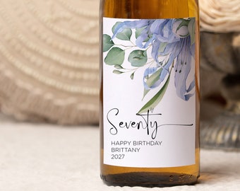 Fun 70th Birthday Wine Bottle Labels, Floral Hello 70, Turning Seventy, Seventieth Birthday Girl, Present, Wine Lovers Gift Idea, Customised