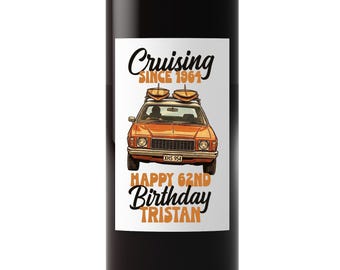 Custom Retro Birthday Wine Bottle Labels for Dad, Summer Car Cruising Birthday Label for Grandfather, Wine Lovers Gift Idea with Name Added