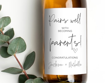 Fun New Parents Congratulations Wine Label Stickers, Pairs Well With Becoming Parents, New Mom and Dad Celebration, Gift Idea for New Baby