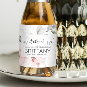 Pop it When She Pops Wine Label, Baby Shower Favors, Mini Champagne Labels, Baby Announcement, Wine Bottle Stickers, Mom to Be, Pink Floral