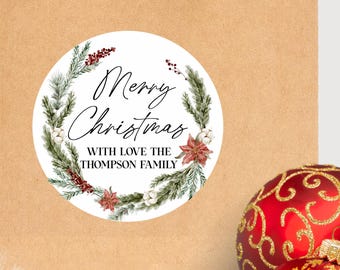 Personliga julklappsetiketter, God Jul-klistermärken, Anpassade runda etiketter, Cirkel julkrans, Julklappsetiketter