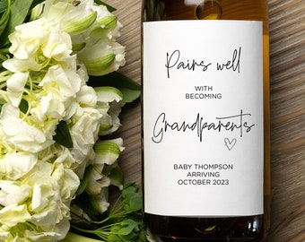 Pregnancy Announcement Wine Label, Pairs Well With Becoming, Grandmother to Be Gift, Baby Announce, Pregnant Reveal Wine Bottle Stickers