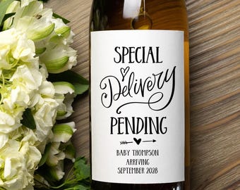 Special Delivery Pending Pregnancy Announcement Wine Label for Parents, Grandparents to Be Gift, New Baby I'm Pregnant Reveal