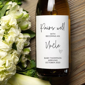 Pregnancy Announcement Wine Label for Brother, Pairs Well With Becoming Uncle to Be Gift, Baby Announce, I&#39;m Pregnant Reveal Bottle Stickers