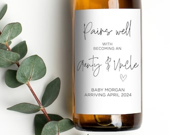 Pregnancy Announcement Wine Label for Aunty & Uncle Friends, Pairs Well With Becoming Aunt to Be Gift, Baby Pregnant Reveal Stickers Sister