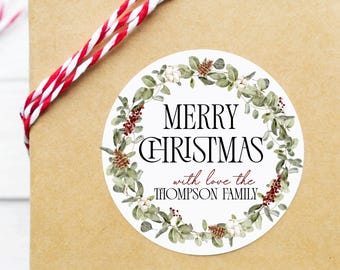 Anpassade julklappsetiketter, God Jul-klistermärken, Runda etiketter, Cirkelformade julkransar, Traditionella julklappsetiketter