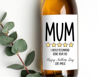 Funny Mothers Day Wine Label, Five Star Mum, Gift for Mum from Daughter, Son, Kids, Custom Wine Label Sticker With Names Added