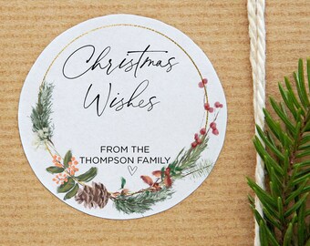 Cute Christmas Gift Label Stickers, Merry Christmas Stickers, Round Labels, Circle Christmas Wreath, Envelope Seals Custom Xmas Present Tags