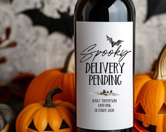 Spooky Delivery Pending Pregnancy Announcement Wine Label for Parents, Grandparents to Be Gift, New Baby I'm Pregnant Halloween Reveal