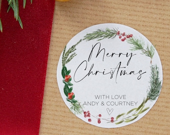 Cute Christmas Gift Label Stickers, Merry Christmas Stickers, Round Labels, Circle Christmas Wreath, Envelope Seals Custom Xmas Present Tags