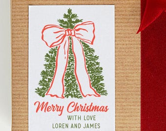 Anpassade julklappsetiketter, söta julgransklistermärken, rektangulära etiketter, röd rosett, kuvertsigill, julklappsetiketter